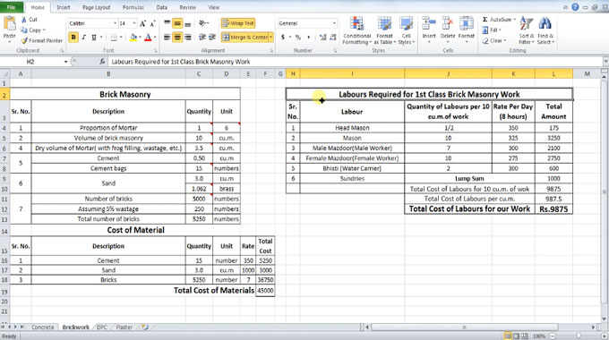 How to use excel to calculate required labor for Brick Masonry Work