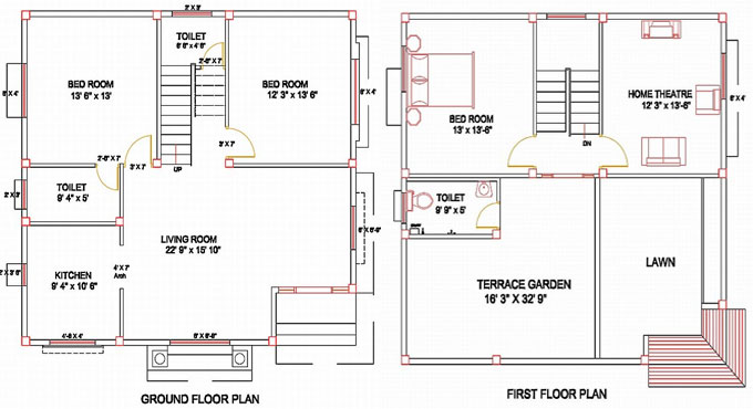 Column Layout For A Residence | Ground Floor Plan | First Floor Plan