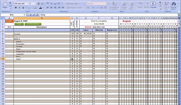 Excel based template for concrete estimating