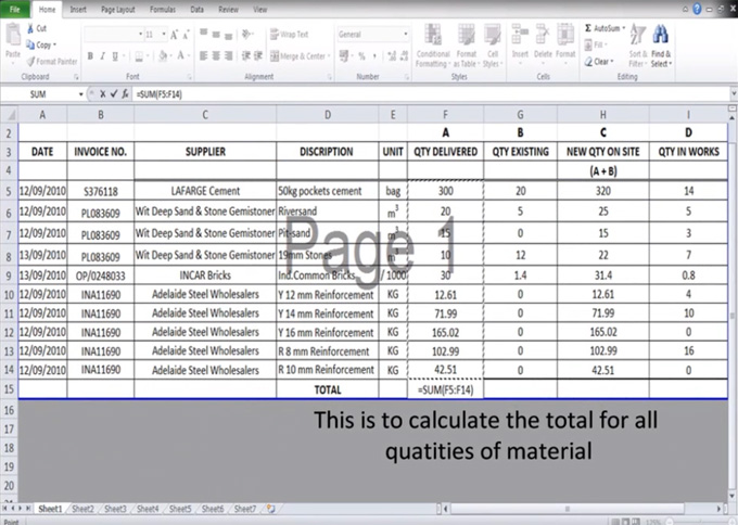 Use of Excel Spread Sheet by a Quantity Surveyor for Material Stock Taking