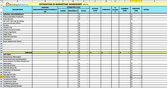New Home Construction Cost Estimator Tool : A useful spreadsheet based estimating program