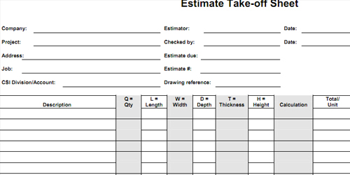 Quantity Take-off Sheets | Download Cost Estimating Sheet